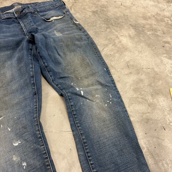 G Star Raw 3301 Straight Tapered Jeans Mens 34x32 Blue Button Fly Paint Distress - Picture 8 of 11